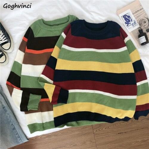 Women Pullover Striped Panelled Loose Warm Knitted Sweater Female Retro All-match Korean Style Harajuku Casual Ins Streetwear