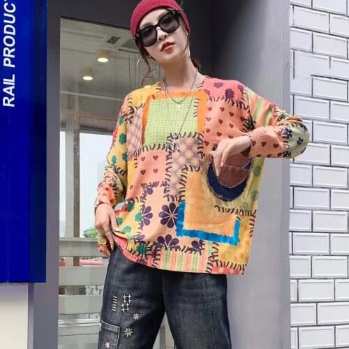 21824 High Street Style Geometric flowers Denim Pocket Knitted Pullover Cool Personality Europe Vintage Thin Sweater Top Tide