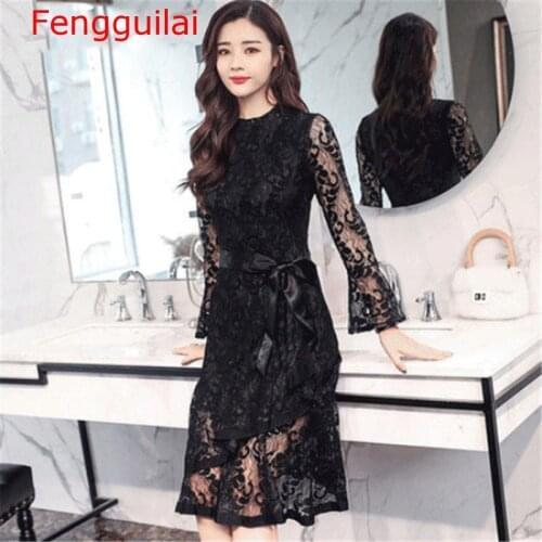 Women Party Retro Gothic Black Hollow Out Floral Lace Dress Bow Ribbon Belt Spring Summer Work Dresses Fishtail dress