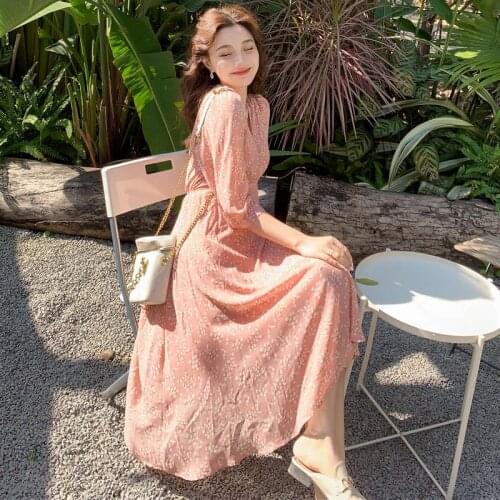 Floral Long Pink Chiffon Korean Style Oversized Party Vintage 2021 Spring Summer Style Autumn WomenS Dress For Clothes