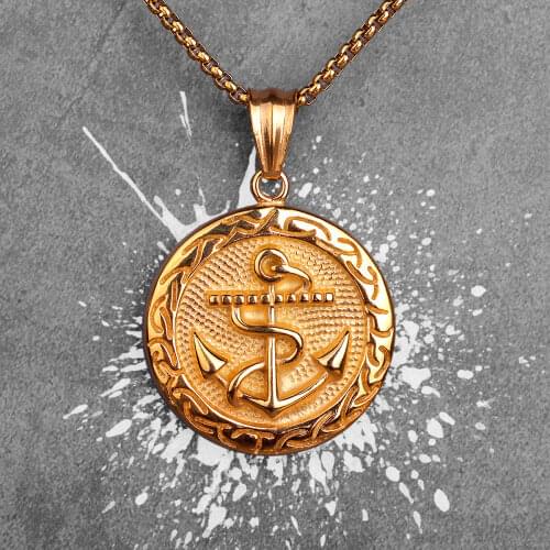 Gold Anchor Medals Long Men Necklaces Pendants Chain Punk for Boyfriend Male Stainless Steel Jewelry Creativity Gift Wholesale