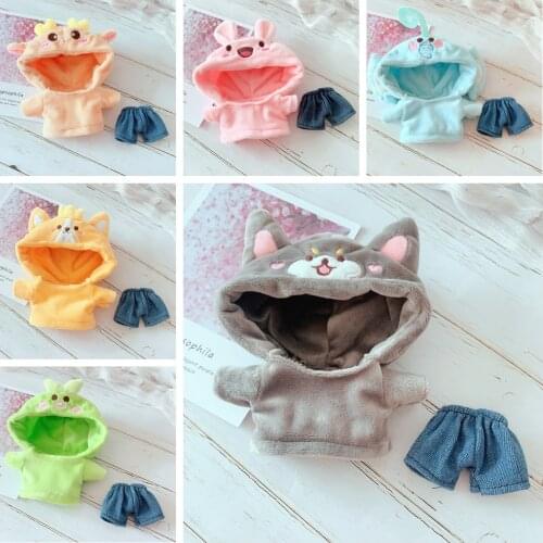 20cm EXO Doll Plush Toy Cloth Accessories Shiba Inu Corgi Elephant Rabbit Fawn Cartoon Hooded Sweater + Denim Shorts Set