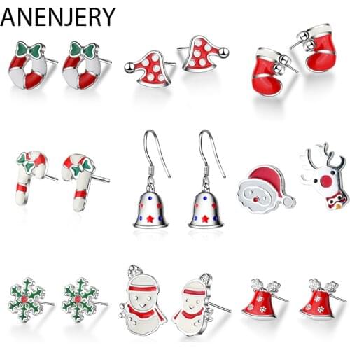 ANENJERY 925 Sterling Silver Tiny Christmas Jewelry Snowflakes Bells Deer ChristmasTree Candy Cane Earrings Gift