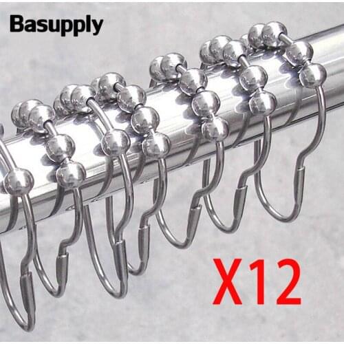 Basupply 12pcs/Lot Shower Curtain Rings Hook With Polished Satin Nickel 5 Roller Ball Portable Space Saving Bathroom Accessories
