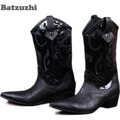 Batzuzhi Western Men Mid-Calf Leather Boots 6.5CM Black Men Boots Pointed Toe Increased High Heels Leather Boots Big Size 38-46