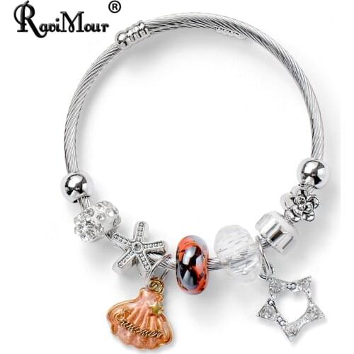 RAVIMOUR Bracelet Femme Bijoux Vintage Star Crystal Maxi Cuff Bracelets Bangles Stainless Steel Beach Shell Summer Jewelry 2019