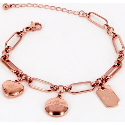 Stainless Steel Heart Bangle Round Sqaure Letter Chain Charm Bracelet Rose Gold Color Woman Party Xmas Gift