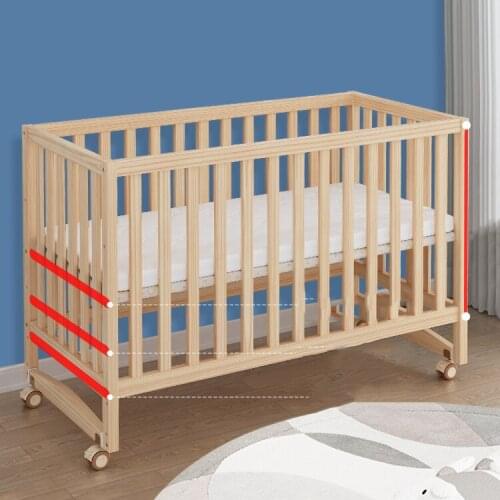 Baby Crib Stitching Big Bed Newborn Small Bed Solid Wood Unpaint Childrens Sleep Movable Cradle With wheels Adjustable Height