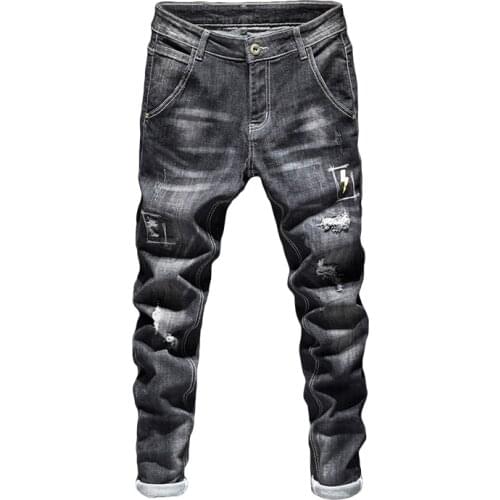Biker Jeans Men Black Stretch Slim Fit Distressed Streetwear Printed Pattern Denim Pants Casual Man Trousers Hip Hop Jeans,L848