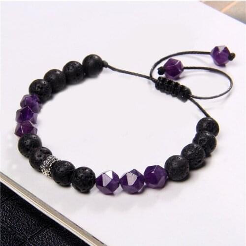 Geometric Faceted Natural Stones Bracelet Round Lava Stone Adjustable Rope Length Braided Bracelets For Women Men Christmas Gift