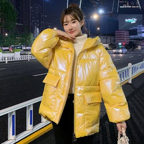 Glossy Winter Down Cotton Padded Jacket Coat Female Thick Bright Black Short Shiny Jacket Yellow Orange Cotton Parkas Womens