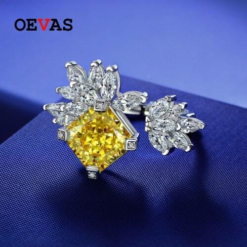 OEVAS 100% 925 Sterling Silver 10*10mm Yellow High Carbon Diamond Ice Flower Cut Rings For Women Sparkling Wedding Fine Jewelry