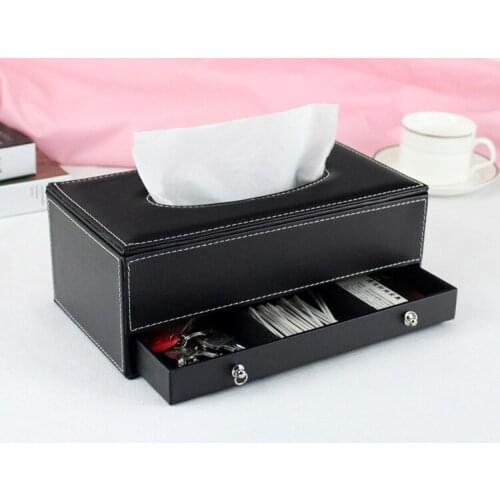 Leather rectangle tissue box holder napkin box dispenser case with drawer black 241A
