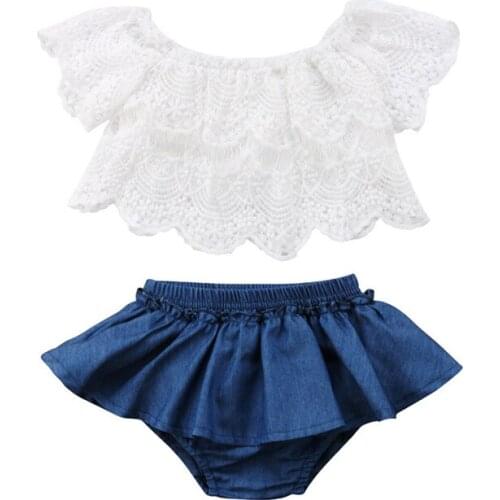 2019 Summer Baby Girls Toddler Off Shoulder Lace Short sleeve Tops Denim Shorts Dress Outfits Clothes Baby Girl 0-3T