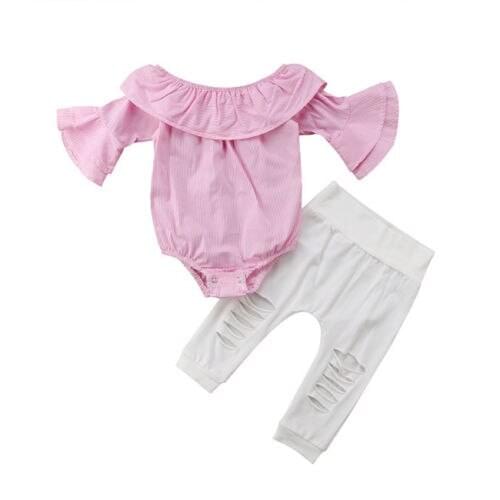 Summer Newborn Toddler Baby Girl Clothes Off Shoulder Romper Pink Plaid Tights Tops Ripped Long Pants Childrens Clothing Sets
