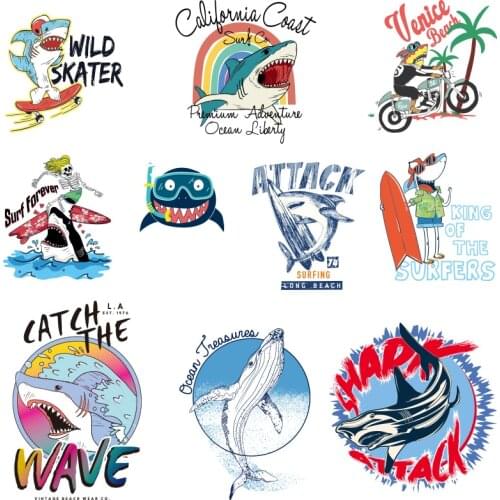 Large size fashion sea animal whale print DIY decorative vest sweater with heat transfer shark cartoon sticker for men