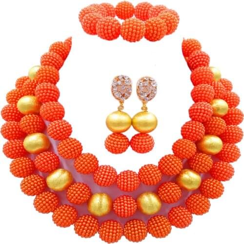 Fashion Orange Simulated Pearl Necklace Nigerian Wedding African Beads Jewelry Set for Women 3ZJL10