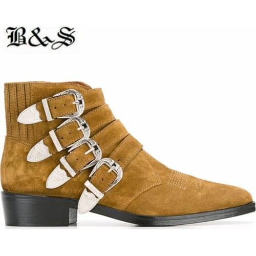 Black& Street 4 rivets buckle strap personalized genuine Leather Punk Rock Boots suede men Handmade customized Boots