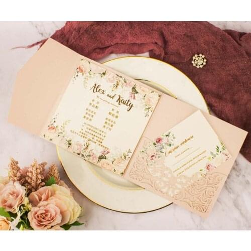 Free Shipping 1pcs Light Pink Navy blue Laser Cut tri-fold Wedding Invitation Cards Kit Envelope Personalized Pocket Invite RSVP