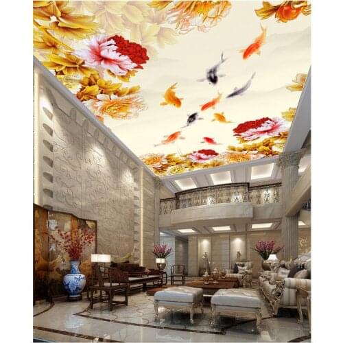 Nine fish Peony Chinese ceiling Custom photo wallpaper Large 3D Stereo romantic ceilings 3d mural wallpaper