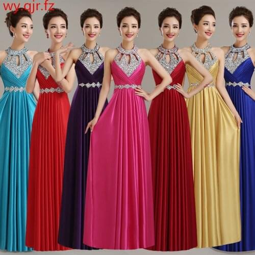 QLY-150B#Chorus Host Diamante Blue Long Halter Lace up Evening Dresses Bride Bridal gown Party Prom Dress 2019 Wholesale Custom