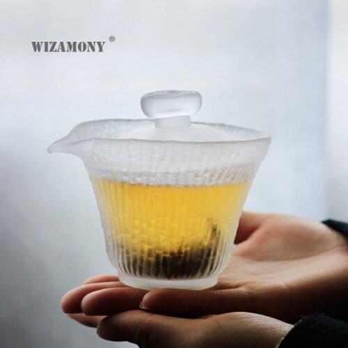 WIZAMONY glass frosted hand-grabbed bowls tea cups for household living room Kung Fu tea set cover cups gold pot bearing groups