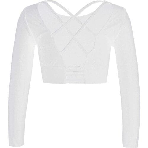 Kids Girl Ballet Dance Costume Long Sleeves Criss Cross Open Back Crop Top for Latin Dance Wear Yoga Sport Gymnastics Leotard