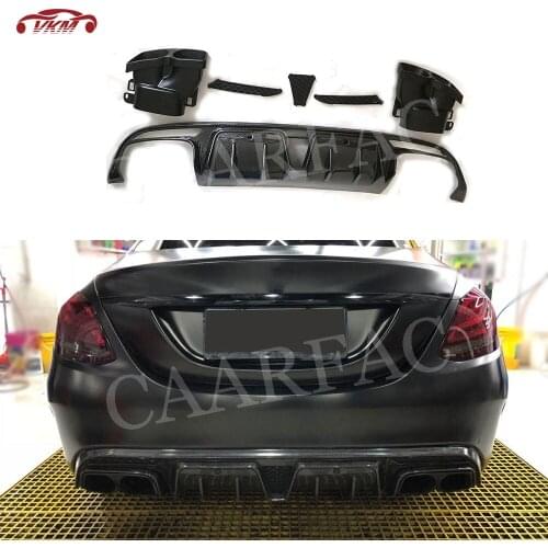 Carbon Fiber Rear Diffuser Lip Spoiler for Mercedes Benz C Class W205 C63 AMG 2015-2019 with Exhaust Tips Bumper Protector