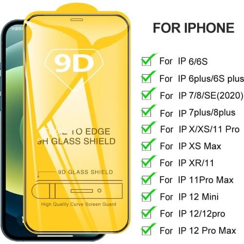 9D Protective Glass For iPhone 12 11 Pro Max 12 Mini iP SE 6 s 7 8 Plus XR X XS Max Screen Protector Full Cover Glass Front Film