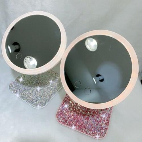Bling Led Vanity Mirror Rhinestones Sticky Mirrors for Home Sparkling Decorative Mirrors for Bedroom Dressing Mirror Pink Round
