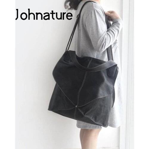 Johnature Simple First Layer Cow Leather Women Bag 2021 New Large Capacity Soft Cowhide Shoulder Bags Leisure Big Handbag