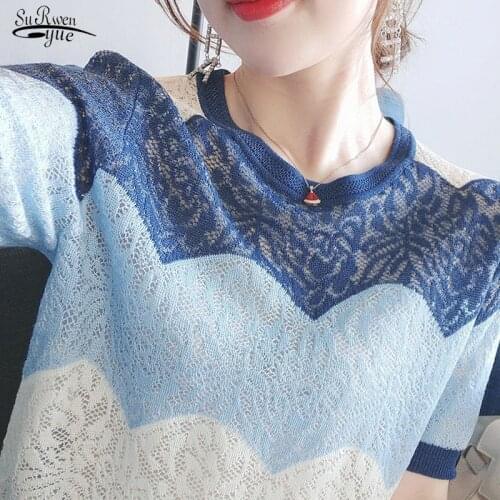 Elegant Patchwork Blue Fashion and Age Reducing Girls' Blouse Summer New Hollow Out Ice Silk Knitted Short Sleeve Shirt 14657