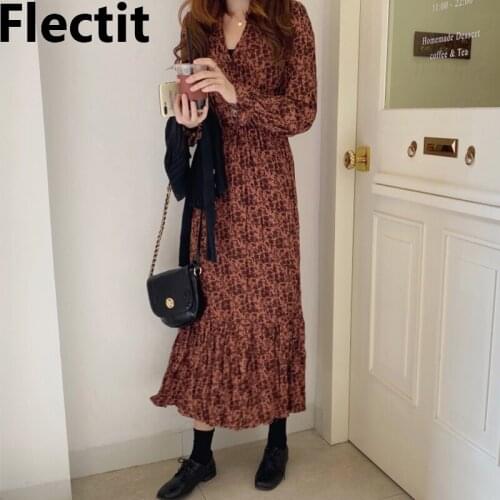 Flectit Floral Maxi Dress Long Sleeve V-Neck Ruffle-Hem Vintage Women Dress Spring Summer Elegant Outfit