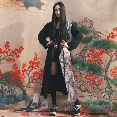 2020 Woman Japanese Kimono Style Crane Standing on the Pine Print Girl long Splicing Dress