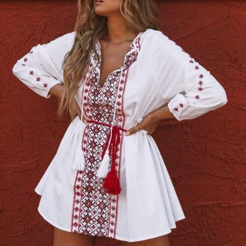 50% Hot Sales!!! Women Ethnic Style Loose 3/4 Sleeve V-neck Mini Dress Streetwear for Outdoor