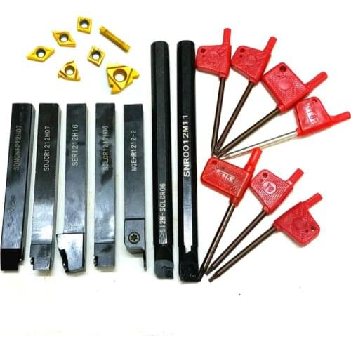 7pcs 12mm CNC Shank Lathe Turning Tool Holder + 7pcs DCMT TCMT CCMT Inserts Blades For Lathe Turning Tool SDNCN121H07,SER1212H16