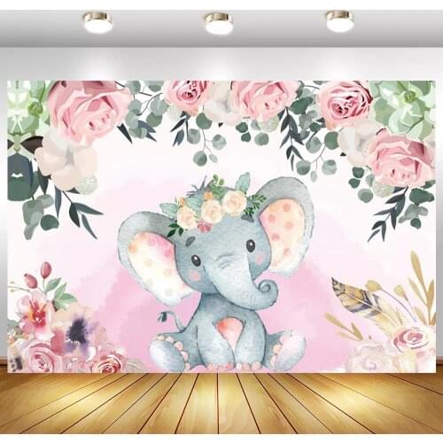 Floral Hat Girl Elephant Baby Shower Photographic Backdrop Newborn 1st Birthday Cake Table Decor Kids Party Photo Backgrounds