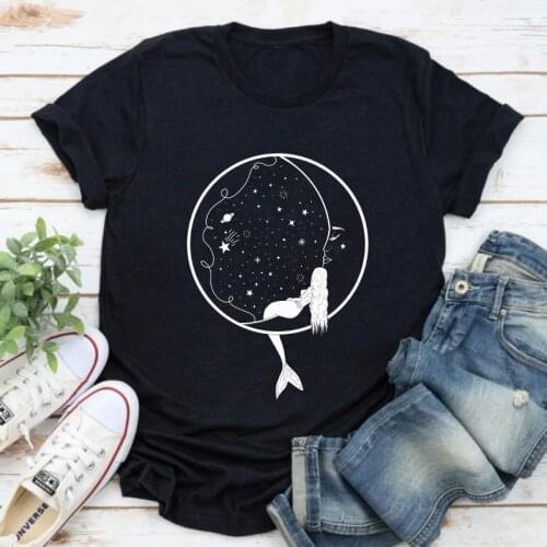 Gothic Mermaid Moon Witchy T-shirt Aesthetic Celestial Moon Phase Tshirt Fashion Women Hippie Witch Tee Shirt Top
