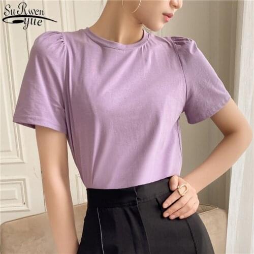 Simple Women Summer T-shirt Solid Tee Shirts Clothes Puff Short Sleeve White Purple Women T-shirt Chic Cotton Tshirt 10090