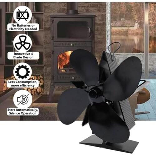 Hot Black Fireplace 4 Blades Heat Powered Stove Fan Log Wood Burner Quiet Home Fireplace Fan Efficient Heat Distribution