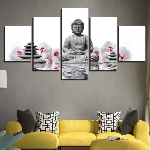 JIE DO ART anvas Paintings Wall Art Prints Framework 5 Pieces Stones Statue Of Buddha Pictures Moth Orchid Poster Room Home