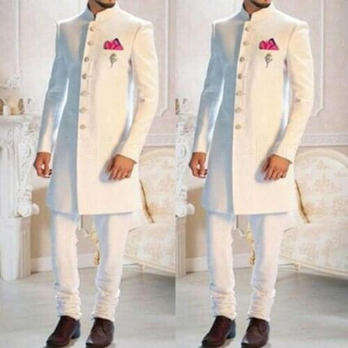 Classic Long Groom Tuxedos for Weddng with Stand Collar Male Fashion 2 Piece White Men Suits Set Blazer Pants 2021