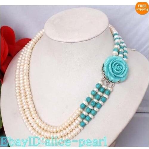 Luck Jewelry Women Wedding Pearl Necklace Fashion 3 Strands White Freshwater Pearl Blue Turquoises Resin Flower Necklace