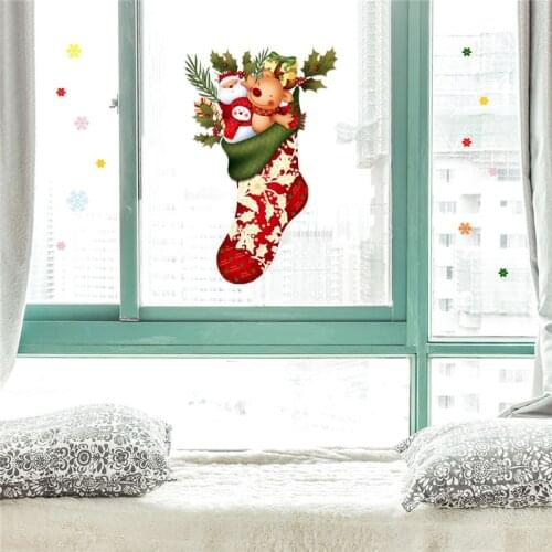 Cartoon Christmas Sock Wall Stickers For Window Showcase Removable Santa Claus Adhesive New Year Glass Mural Home Decor Decals