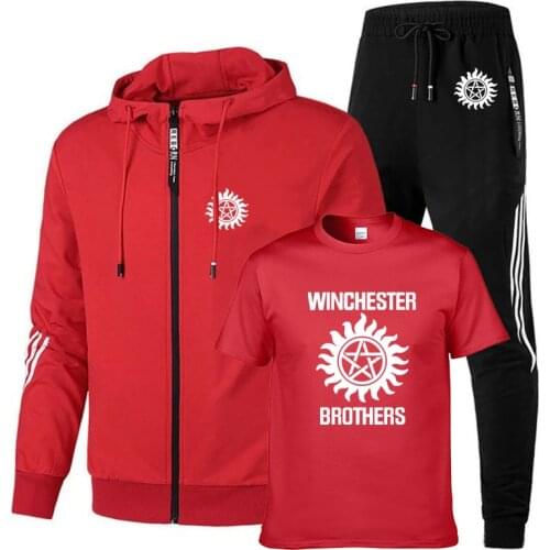 Supernatural Mens suits Winchester Bros Printed jackets Solid color stripe Cotton Mens sweatshirt+T-shirt+sports pants 3-piece
