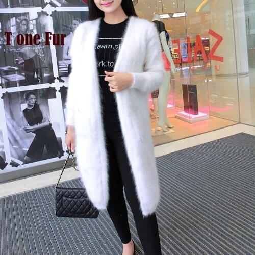 2019 New Arrival Knitted Real Mink Cashmere Long Cardigans Factory Custom OEM Natural Mink Cashmere Sweater Pocket Coat KFP942