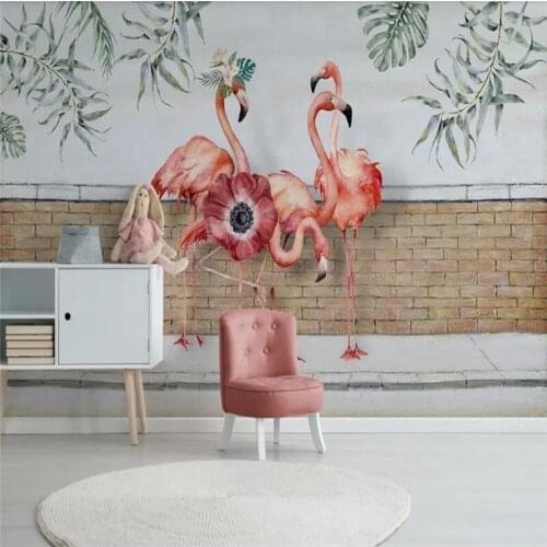 Custom wallpaper Nordic small fresh leaves flamingo garden brick wall decoration waterproof material