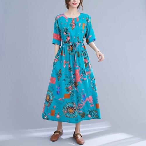 Thin Soft Cotton Linen Loose Summer Dress 2021 New Short Sleeve Loose Women Summer Dress Print Floral Office Lady Work Dress