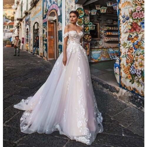 Sexy Neckline A-Line Wedding Dress Shiny Appliques Backless Tulle White Bridal Gowns Vestido Noiva Floor Length Mariage