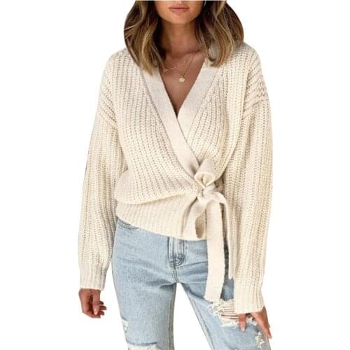 Knit Sweater Women 2021 Fall/winter Fashion Casual V-neck Tie Cardigan Pure Color Simple Blusa De Frio Feminina Em